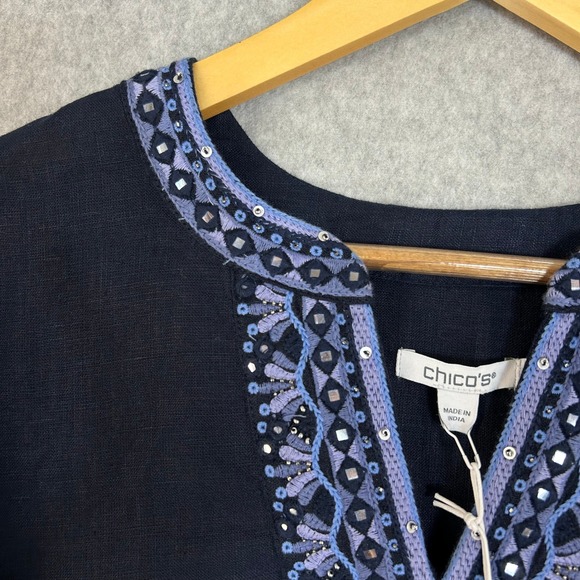 Chicos Linen Tunic Dress Navy Blue Beaded Embroidered 3/4 Sleeve Size 1 US 8 NWT - Picture 4 of 15